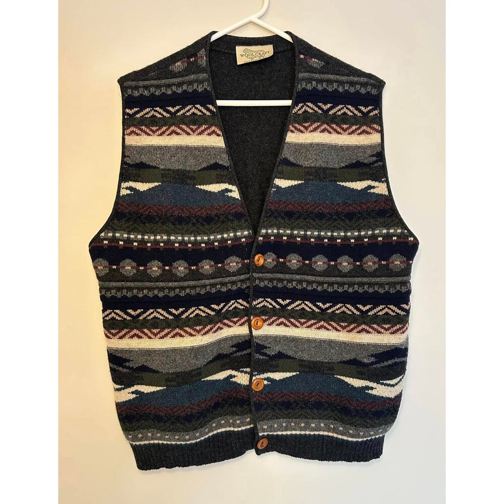 Woolcraft Gray Made in New Zealand Wool Sweater Vest Button Front Mens M